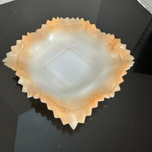 VTG Indiana Glass Iridescent Milk Glass Dish Diamond Point Sawtooth Edge 8"